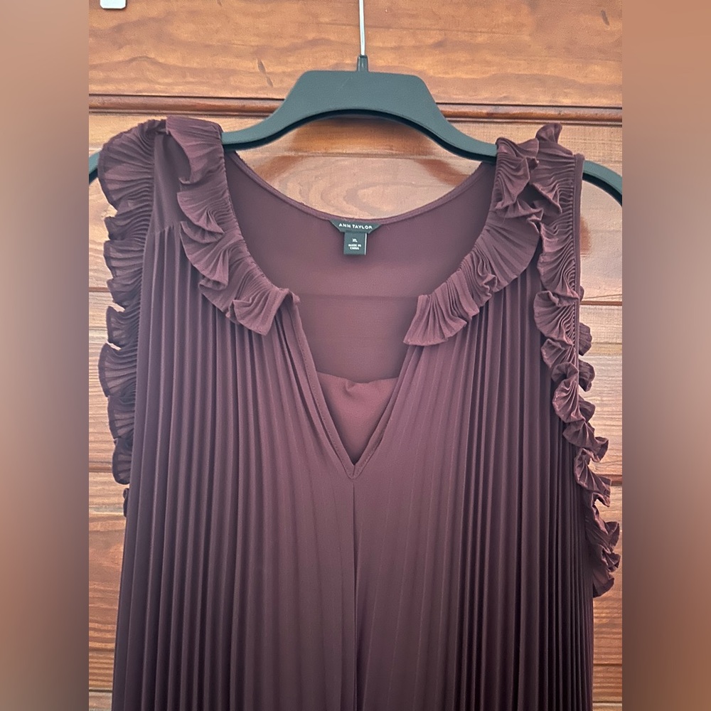 Burgundy Pleated Midi-length Ann Taylor Dress